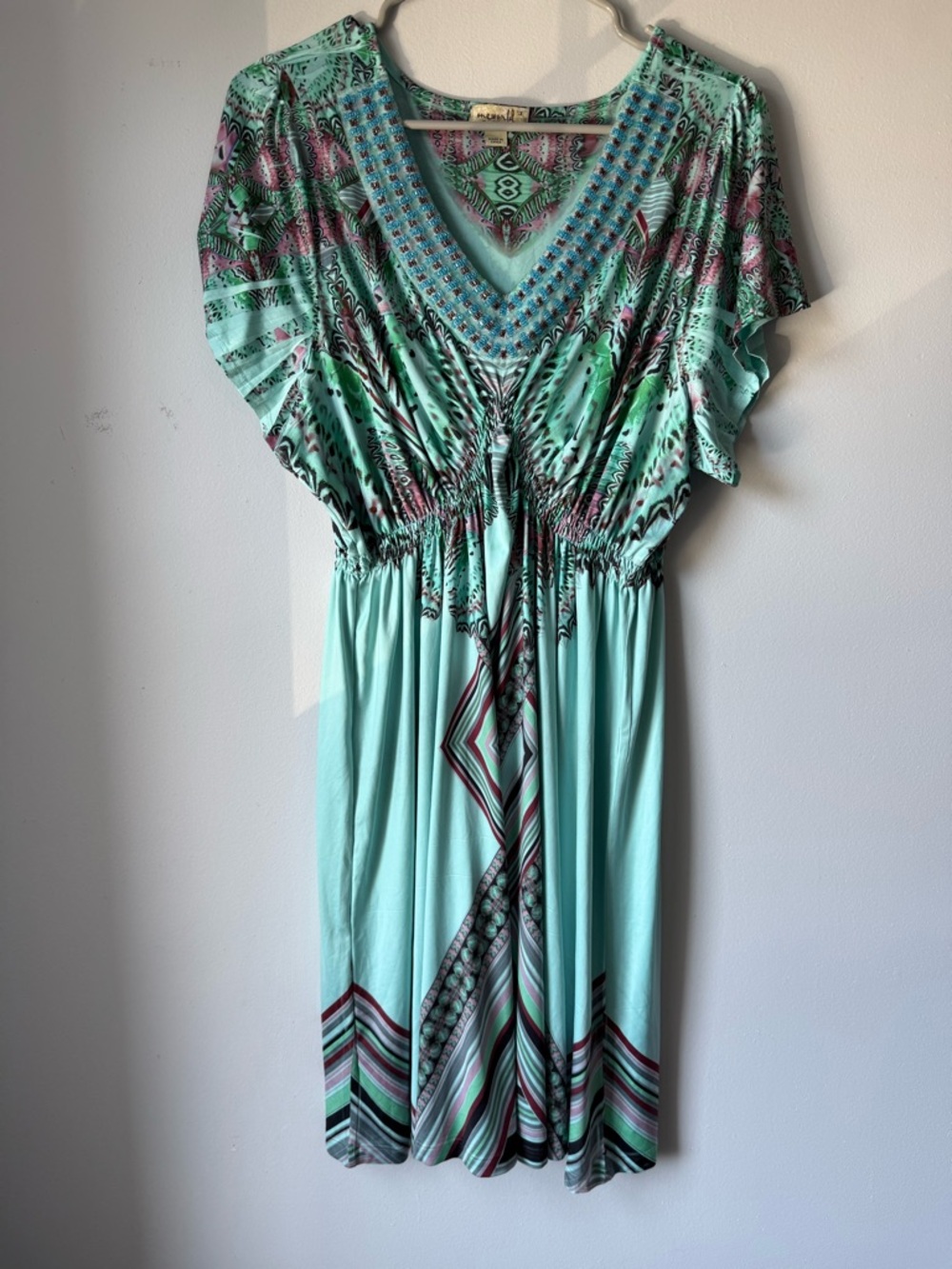 ONE WORLD Multicolor Blue Paisley Midi Hippie Boho Dress Beaded Vneck Size XL 1X